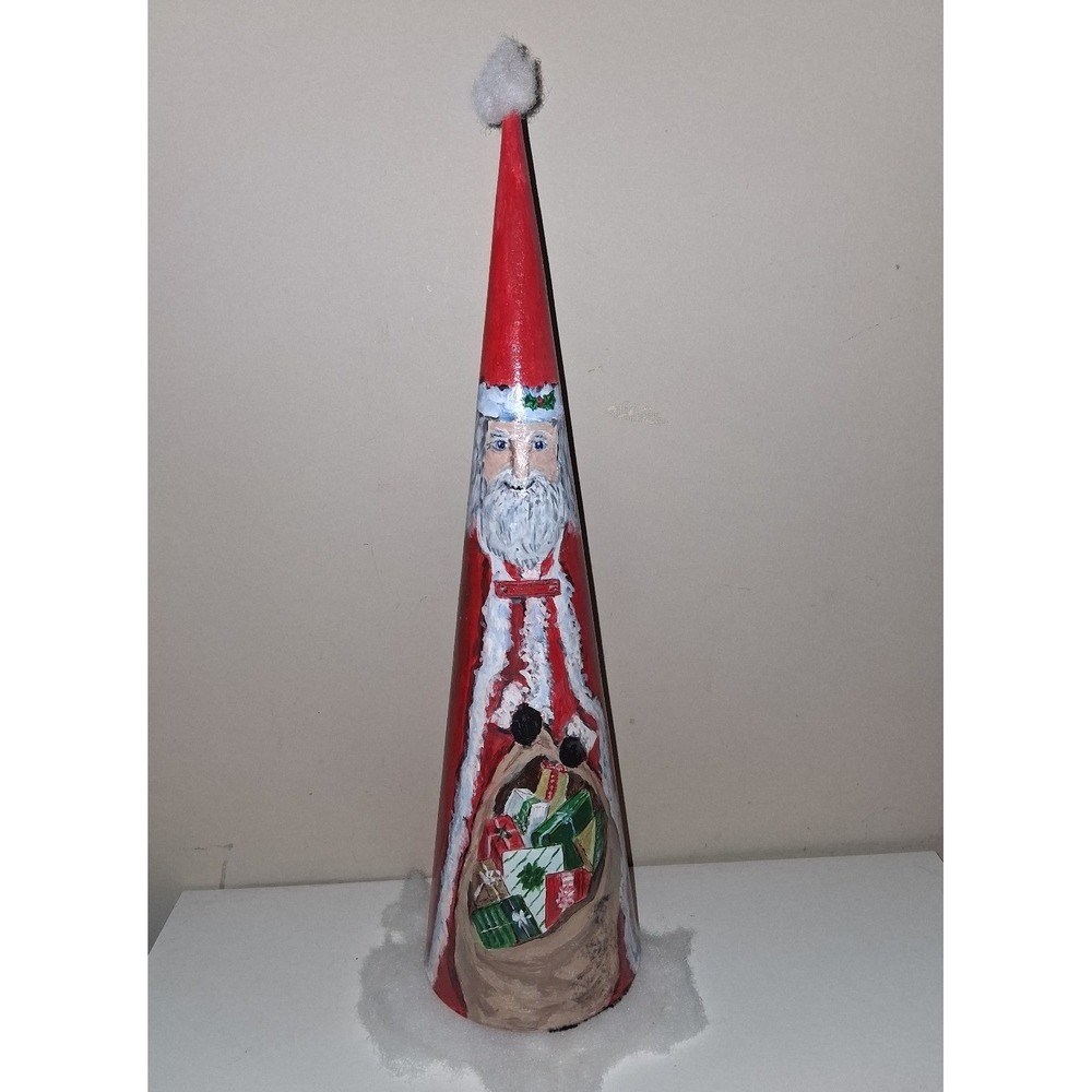 Hand Painted Santa Christmas Cone Folk Art Decoration Signed 17" Tall